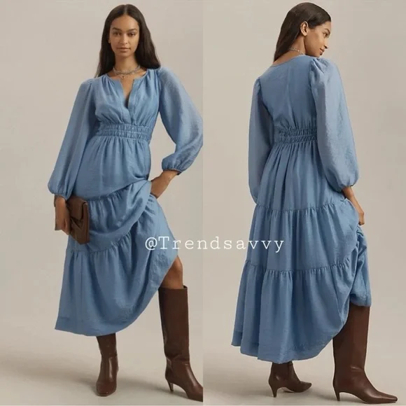ANTHROPOLOGIE THE SOMERSET ORGANZA EDITION LONG SLEEVE MAXI DRESS IRIS BLUE NWT - Picture 1 of 8
